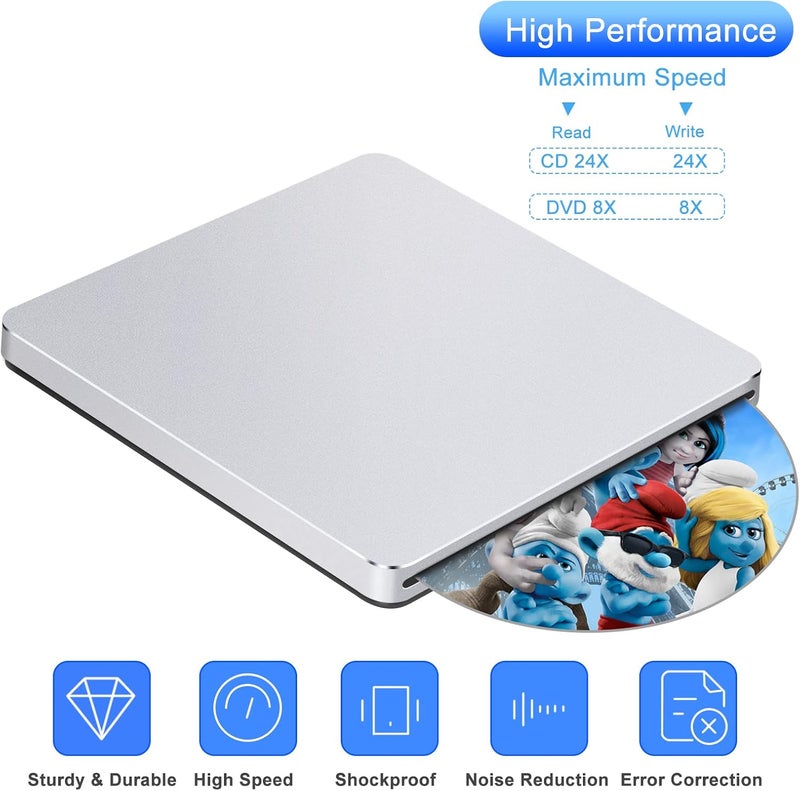 Guamar External CD Drive for Mac: USB 3.0 Superdrive for Apple MacBook - Slim & Portable Slot-in DVD Burner for Laptop PC Windows with USB-C Adapter - Plug & Play Aluminum (Silver) - Image 4